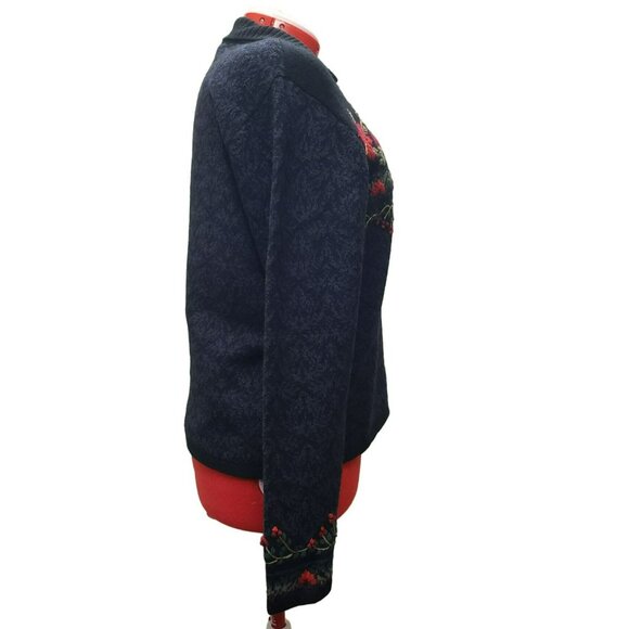 Talbots Floral Embroidered Cardigan Sweater, size L, Black w Red flowers, button - Picture 3 of 10